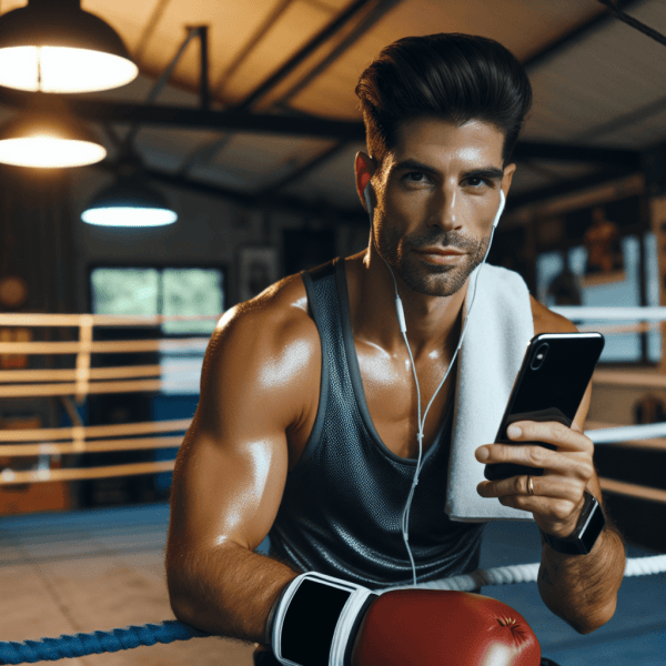 un boxeador entrenando con un teléfono celular en su mano